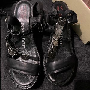 A.S. 98 Black Wedge Sandals - Nolyn